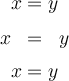 
\large
\begin{equation*}
  x & = & y
\end{equation*}
\vspace*{-0.8cm}
\begin{eqnarray*}
  x & = & y
\end{eqnarray*}
\vspace*{-1cm}
\begin{align*}
  x & = y
\end{align*}