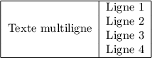 
\documentclass{article}
\usepackage{multirow}
\pagestyle{empty} 
\begin{document}
\begin{tabular}{|c|c|}
\hline
\multirow{4}{*}{Texte multiligne} 
      & Ligne 1\\
      & Ligne 2 \\
      & Ligne 3 \\
      & Ligne 4 \\
\hline
\end{tabular}
\end{document}
