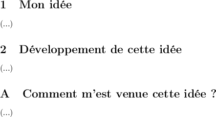 
\documentclass[french]{article}
  \usepackage[utf8]{inputenc}
  \usepackage[T1]{fontenc}
  \pagestyle{empty} %% très important !
\begin{document}
\section{Mon idée}
(...)
\section{Développement de cette idée}
(...)
\appendix
\section{Comment m'est venue cette idée ?}
(...)\end{document}
