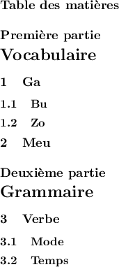 
\documentclass[8pt]{extarticle}
  \usepackage[width=6cm]{geometry}
  \usepackage{tocloft}
  \usepackage[frenchb]{babel}
  
\renewcommand{\cftsecafterpnum}{\cftparfillskip}
\renewcommand{\cftsubsecleader}{\hfill}
\renewcommand{\cftsubsecafterpnum}{\cftparfillskip}

\begin{document}
\tableofcontents
\thispagestyle{empty}

\part{Vocabulaire}
\section{Ga}
\subsection{Bu}
\subsection{Zo}
\section{Meu}

\part{Grammaire}
\section{Verbe}
\subsection{Mode}
\subsection{Temps}

\end{document}
