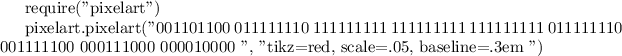 
\documentclass{article}
  \usepackage{pixelart}
  \pagestyle{empty}
 
\begin{document}
\pixelart[tikz={red,
                scale=.05,
                baseline=.3em
               }]{%
001101100
011111110
111111111
111111111
111111111
011111110
001111100
000111000
000010000
}
\end{document}
