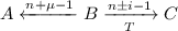 
\documentclass{article}
\usepackage[body={8cm,8cm}]{geometry}
\usepackage{lmodern}
\usepackage{amsmath}
\pagestyle{empty}
\begin{document}
\[
A \xleftarrow{n+\mu-1} B 
\xrightarrow[T]{n\pm i-1} C
\]
\end{document}
