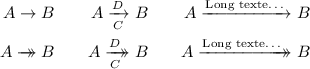 
\documentclass{article}
\usepackage[body={8cm,8cm}]{geometry}
\usepackage{lmodern}
\usepackage{mathtools}
\newcommand\dhrightarrow{%
  \mathrel{\ooalign{$\rightarrow$%
    \cr$\mkern3.5mu\rightarrow$}}
}
\newcommand\dhxrightarrow[2][]{%
  \mathrel{\ooalign{$\xrightarrow[%
    #1\mkern4mu]{#2\mkern4mu}$\cr%
    \hidewidth$\rightarrow%
    \mkern4mu$}}
}
\pagestyle{empty}
\begin{document}
\begin{alignat*}{3}
  A \rightarrow   B  &&\qquad  
  A \xrightarrow[C]{D} B    &&\qquad 
  A \xrightarrow{\text{Long texte%
  \dots}} B 
  & \\
  A \dhrightarrow B  &&\qquad 
  A \dhxrightarrow[C]{D} B  &&\qquad 
  A \dhxrightarrow{\text{Long texte%
  \dots}} B  
  & \\
\end{alignat*}
\end{document}
