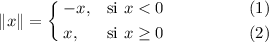 
\documentclass{article}
\usepackage[body={8cm,8cm}]{geometry}
\usepackage{cases}
\usepackage{lmodern}
\pagestyle{empty}
\begin{document}
\begin{numcases}{\|x\|=}
    -x, & si $x < 0$ \\
     x, & si $x \geq 0$
\end{numcases}
\end{document}
