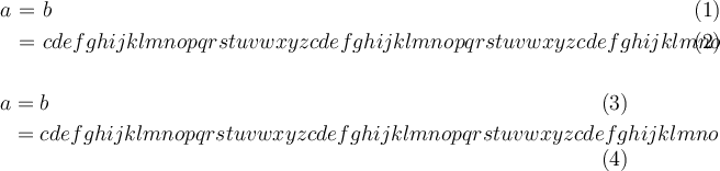 
\large
\setlength\arraycolsep{2pt}
\begin{eqnarray}
  a & = & b \\
    & = & cdefghijklmnopqrstuvwxyzcdefghijklmnopqrstuvwxyzcdefghijklmno
\end{eqnarray}
\vspace*{-0.5cm}
\begin{align}
  a & = b \\
    & = cdefghijklmnopqrstuvwxyzcdefghijklmnopqrstuvwxyzcdefghijklmno
\end{align}
