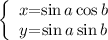 
\documentclass{article}
\usepackage[body={8cm,8cm}]{geometry}
%\usepackage{lmodern}
\pagestyle{empty}
\begin{document}
\[
\left \{
\begin{array}{c @{=} c}
    x & \sin a \cos b \\
    y & \sin a \sin b
\end{array}
\right.
\]
\end{document}
