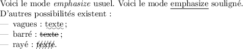 
\documentclass{article}
\usepackage[french]{babel}
\usepackage{ulem}
\pagestyle{empty}
\begin{document}
\normalem Voici le mode \emph{emphasize} usuel.
\ULforem Voici le mode \emph{emphasize} souligné.

D'autres possibilités existent :
\begin{itemize}
   \item vagues : \uwave{texte} ;
   \item barré : \sout{texte} ;
   \item rayé : \xout{texte}.
\end{itemize}
\end{document}

