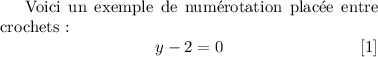 
\documentclass{article}
\usepackage[body={8cm,8cm}]{geometry}
\usepackage{lmodern}
\pagestyle{empty}
\makeatletter
\renewcommand{\@eqnnum}{%
    {\normalfont\normalcolor%
    \theequation}}
\renewcommand{\theequation}{%
    [\arabic{equation}]}
\makeatother

\begin{document}
Voici un exemple de numérotation
placée entre crochets~:
 \begin{equation}
    y - 2 = 0
 \end{equation}
\end{document}
