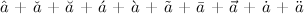 
  $\hat{a}$
+ $\check{a}$
+ $\breve{a}$
+ $\acute{a}$
+ $\grave{a}$
+ $\tilde{a}$
+ $\bar{a}$
+ $\vec{a}$
+ $\dot{a}$
+ $\ddot{a}$
