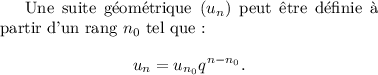 
\documentclass{article}
\usepackage[body={8cm,8cm}]{geometry}
%\usepackage{mathtools}
\usepackage{lmodern}
\pagestyle{empty}
\begin{document}
Une suite géométrique $(u_n)$ peut
être définie à partir d'un rang
$n_0$ tel que :
\[
u_n = u_{n_0} q^{n-n_0}.
\]
\end{document}
