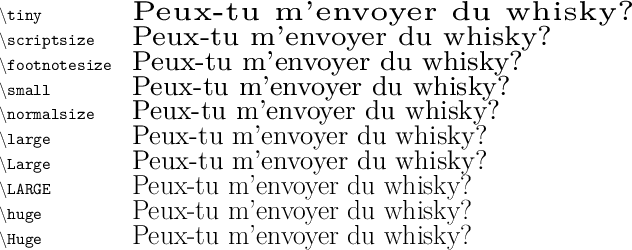
\documentclass{article}
  \usepackage{graphicx}
  \usepackage{lmodern}
  \pagestyle{empty}

\begin{document}
\begin{tabular}{ll}
\texttt{\textbackslash tiny}         & \resizebox{!}{4mm}{\tiny Peux-tu m'envoyer du whisky?} \\
\texttt{\textbackslash scriptsize}   & \resizebox{!}{4mm}{\scriptsize Peux-tu m'envoyer du whisky?} \\
\texttt{\textbackslash footnotesize} & \resizebox{!}{4mm}{\footnotesize Peux-tu m'envoyer du whisky?} \\
\texttt{\textbackslash small}        & \resizebox{!}{4mm}{\small Peux-tu m'envoyer du whisky?} \\
\texttt{\textbackslash normalsize}   & \resizebox{!}{4mm}{\normalsize Peux-tu m'envoyer du whisky?} \\
\texttt{\textbackslash large}        & \resizebox{!}{4mm}{\large Peux-tu m'envoyer du whisky?} \\
\texttt{\textbackslash Large}        & \resizebox{!}{4mm}{\Large Peux-tu m'envoyer du whisky?} \\
\texttt{\textbackslash LARGE}        & \resizebox{!}{4mm}{\LARGE Peux-tu m'envoyer du whisky?} \\
\texttt{\textbackslash huge}         & \resizebox{!}{4mm}{\huge Peux-tu m'envoyer du whisky?} \\
\texttt{\textbackslash Huge}         & \resizebox{!}{4mm}{\Huge Peux-tu m'envoyer du whisky?} \\
\end{tabular}
\end{document}
