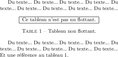 
\documentclass{report}
  \usepackage[width=8cm]{geometry}
  \usepackage[francais]{babel}
  \usepackage{caption}
  \pagestyle{empty}

\begin{document}
Du texte... Du texte... Du texte... 
Du texte... Du texte... Du texte... 
Du texte... Du texte... Du texte... 

\begin{center}
\begin{tabular}{|c|}
\hline
Ce tableau n'est pas un flottant. \\
\hline
\end{tabular}
\captionof{table}{Tableau non flottant.}
\label{montableau}
\end{center}

Du texte... Du texte... Du texte... 
Du texte... Du texte... Du texte... 
Du texte... Du texte... Du texte... 
Et une référence au tableau~1.
\end{document}
