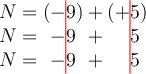 
\documentclass[12pt]{article}
  \usepackage{tikz}
  \pagestyle{empty}
  \setlength{\parindent}{0pt}

\begin{document}
$ N = (-\tikz[overlay]\draw[red] (0pt,2ex) -- ++(0ex,-8.5ex);9) + (+\tikz[overlay]\draw[red] (0pt,2ex) -- ++(0ex,-8.5ex);5) $

$ N = \phantom{(}\mathord{-}9\phantom{)} + \phantom{(}\mathord{\phantom{+}}5\phantom{)} $

$ N = \phantom{(}{-}9\phantom{)} + \phantom{({+}}5\phantom{)} $
\end{document}
